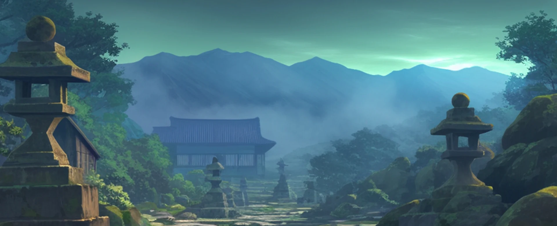 A stone path winding through a tranquil mountain village